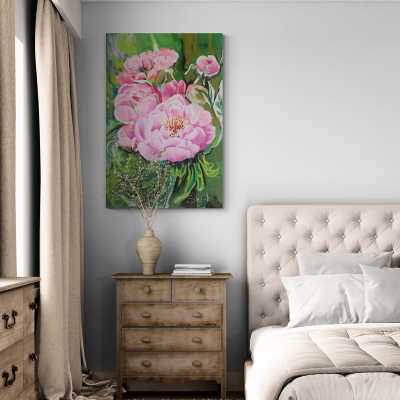 Pink Peonies by Marina Strijakova wall art in a bedroom