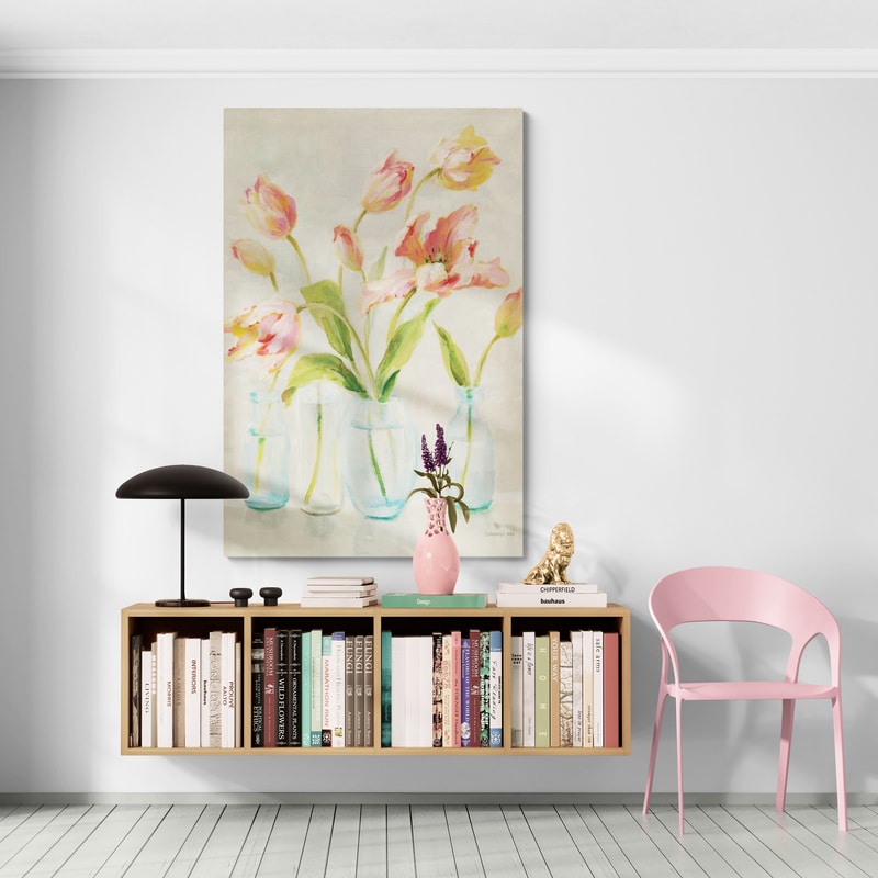 Pink Tulips by Danhui Nai wall art in a hallway
