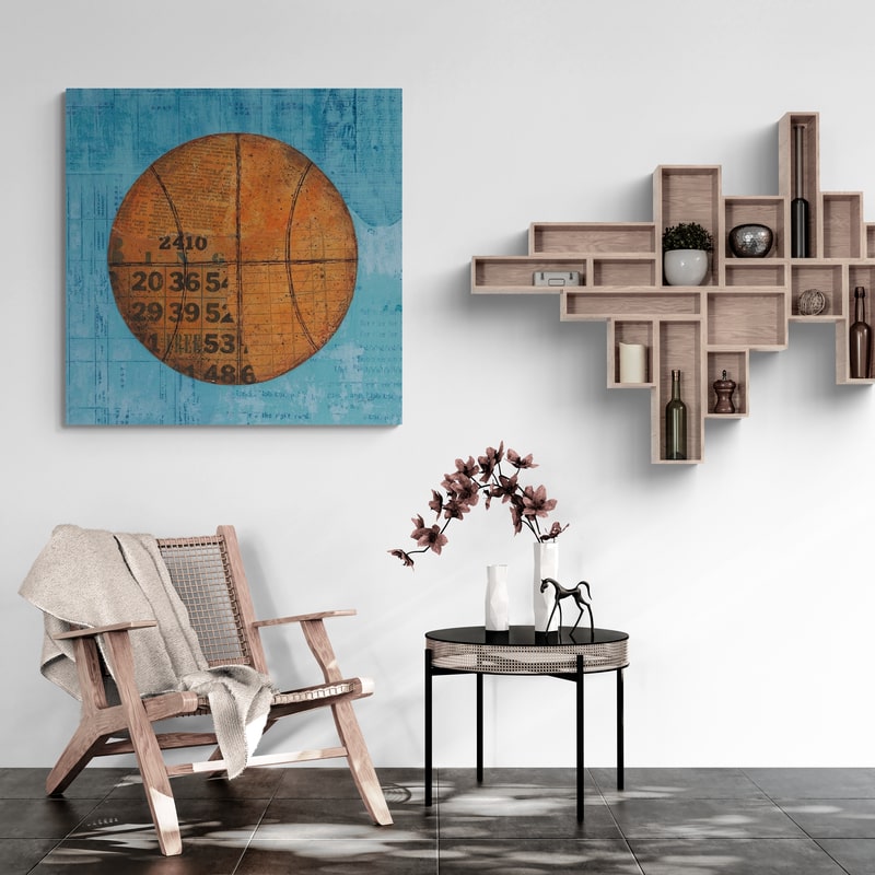 Play Ball IV Blue by Courtney Prahl wall art in a living room