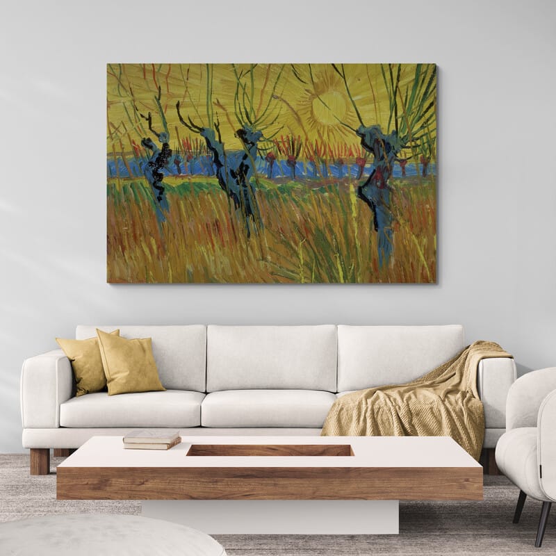 Pollard Willows with Setting Sun 1888 by Vincent Van Gogh wall art in a living room