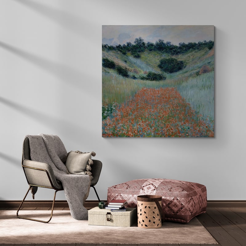 Poppy Field in a Hollow near Giverny 1885 II by Claude Monet wall art in a living room
