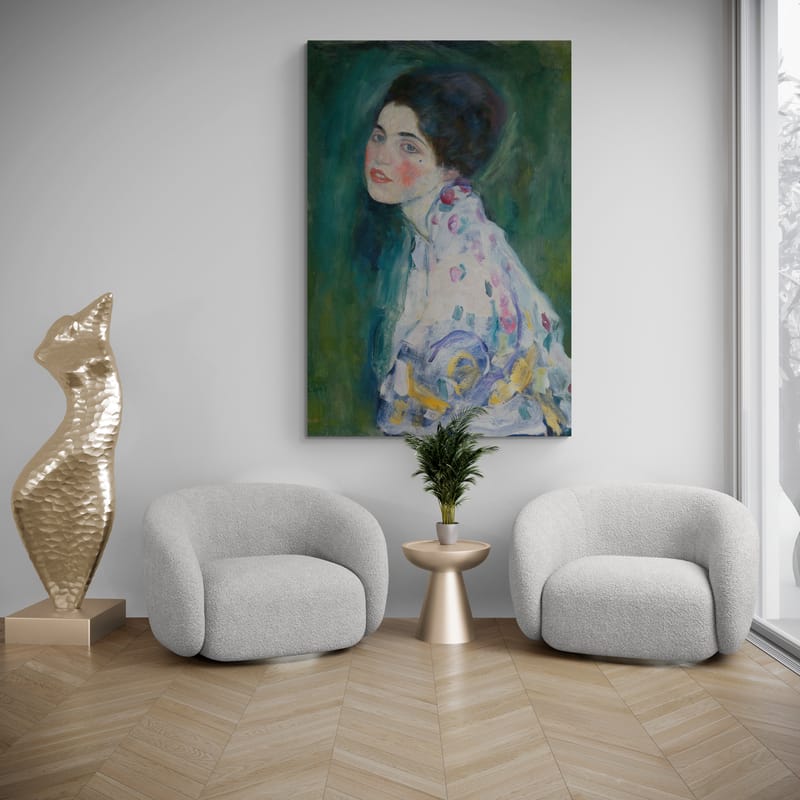 Portrait of a Young Woman by Gustav Klimt wall art in a living room
