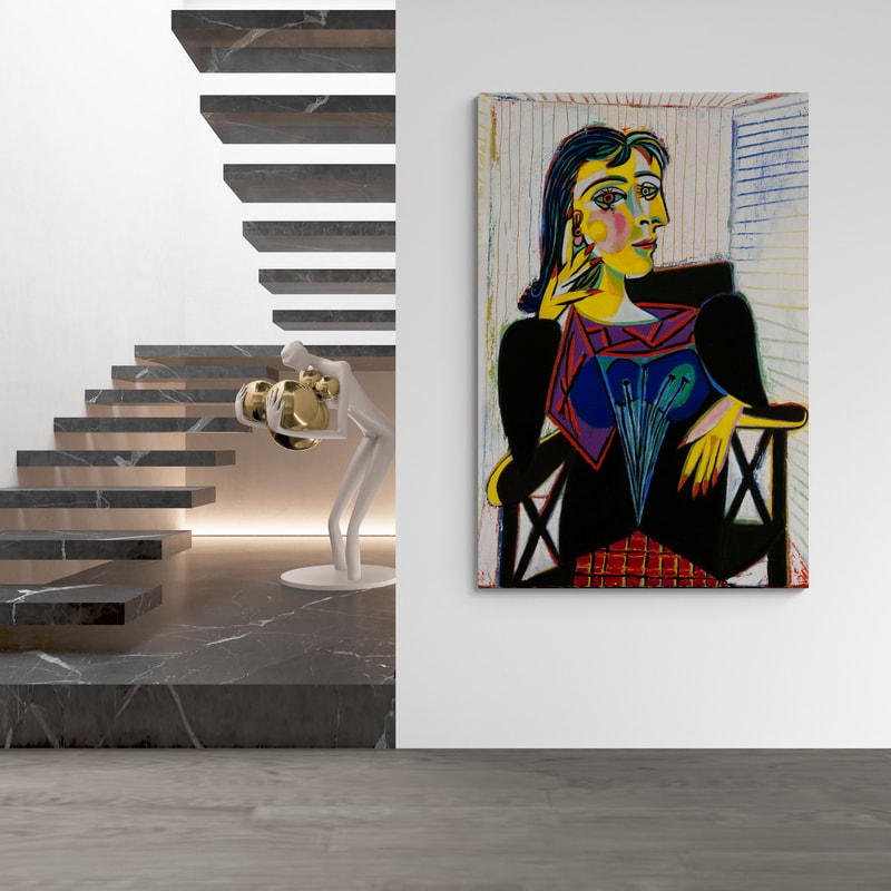 Portrait of Dora Maar by Pablo Picasso wall art in a hallway