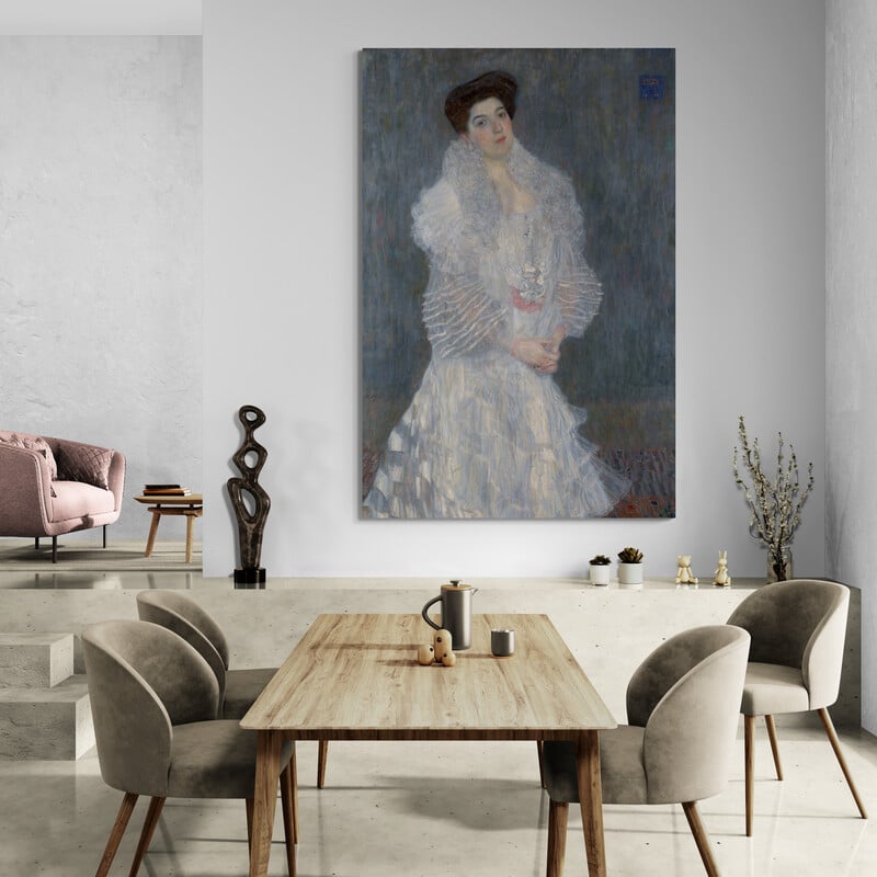 Portrait of Hermine Gallia by Gustav Klimt wall art in a dining room