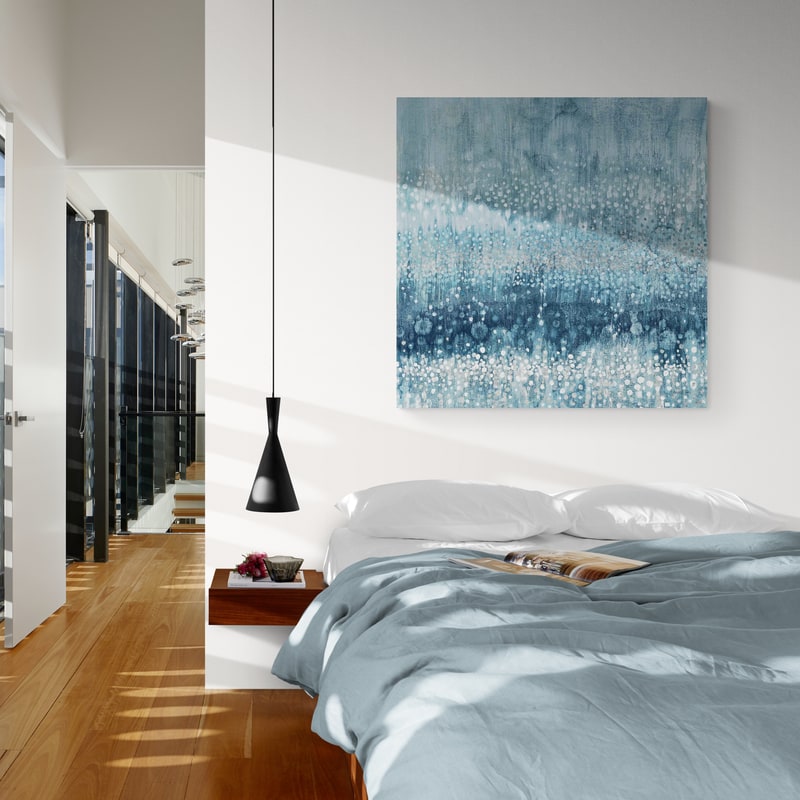 Rain Abstract IV Blue Silver by Danhui Nai wall art in a bedroom