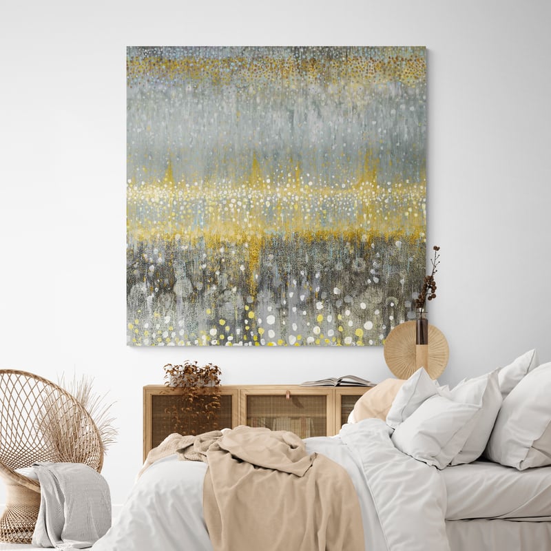 Rain Abstract I Yellow Gray by Danhui Nai wall art in a bedroom