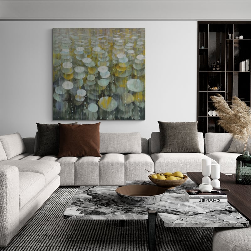 Rain Drops Yellow Gray by Danhui Nai wall art in a living room
