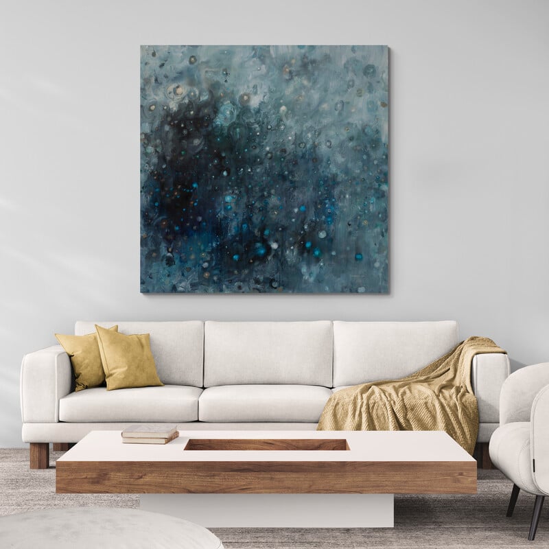 Rain In Gray And Blue by Danhui Nai wall art in a living room
