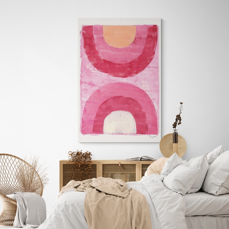 Rainbow Arc II by Courtney Prahl wall art in a bedroom