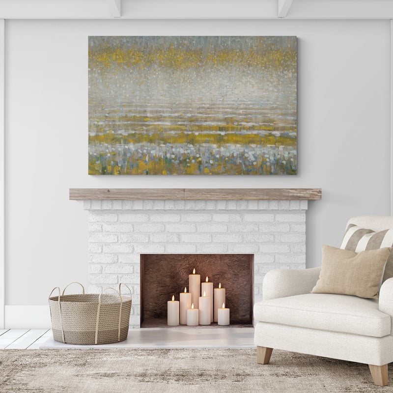 Rains Over The Lake Yellow Gray I by Danhui Nai wall art in a living room