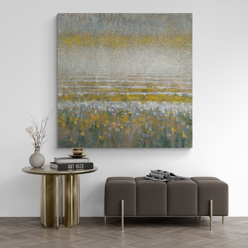 Rains Over The Lake Yellow Gray by Danhui Nai wall art in a living room