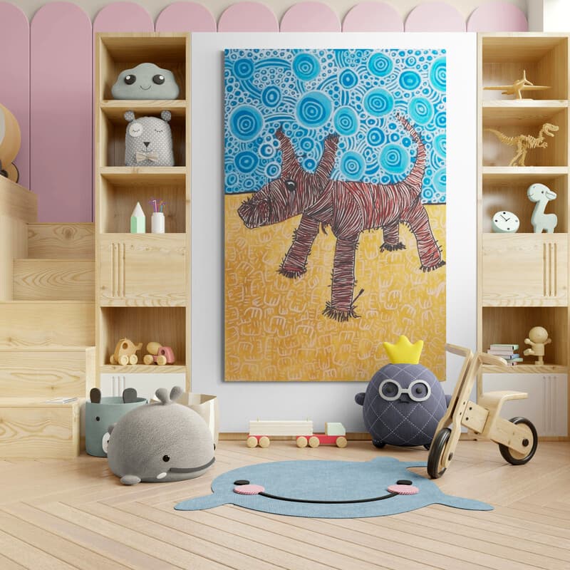 Red Dog by Julianne Wade wall art in a kids room