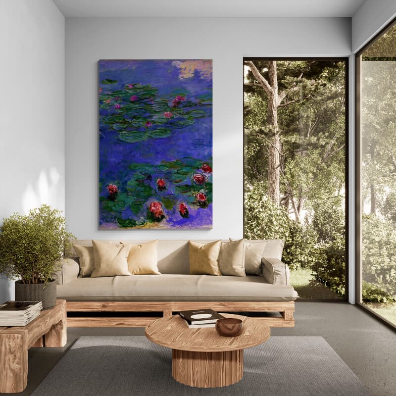 Red Water-Lilies 1914-1917 by Claude Monet wall art in a living room
