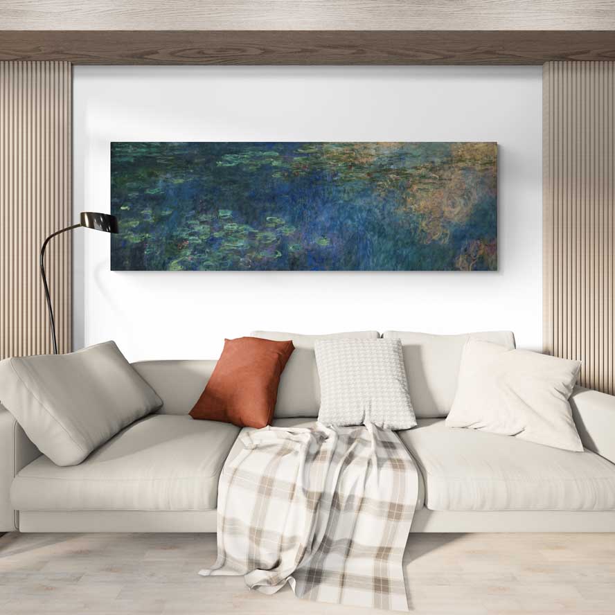 Reflections of Clouds on the Water-Lily Pond, Triptych Left Panel 1914-1926 by Claude Monet wall art in a living room