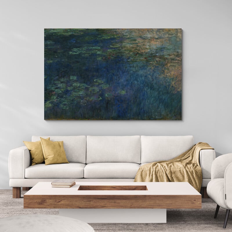 Reflections of Clouds on the Water-Lily Pond, Triptych Left Panel 1914-1926 II by Claude Monet wall art in a living room