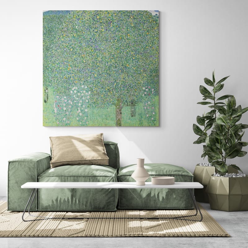 Rosebushes under the Trees by Gustav Klimt wall art in a living room