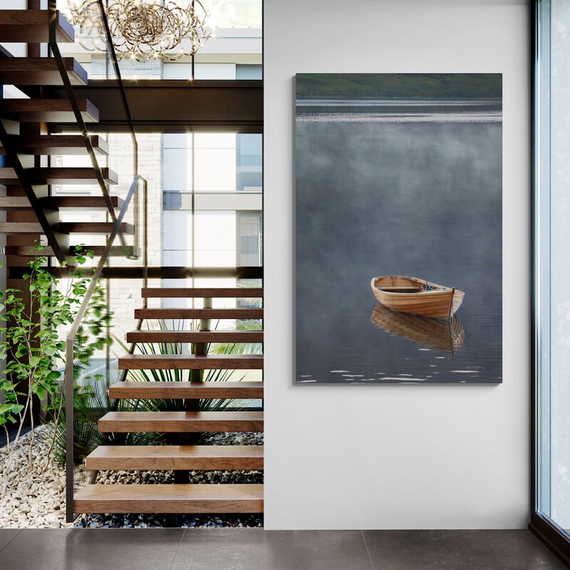 Rowboat In Ross by Alan Majchrowicz wall art in a hallway