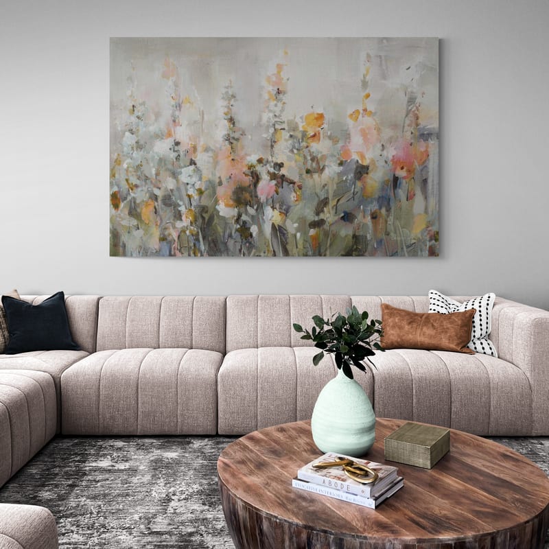 Rustic Garden Peach by Danhui Nai wall art in a living room