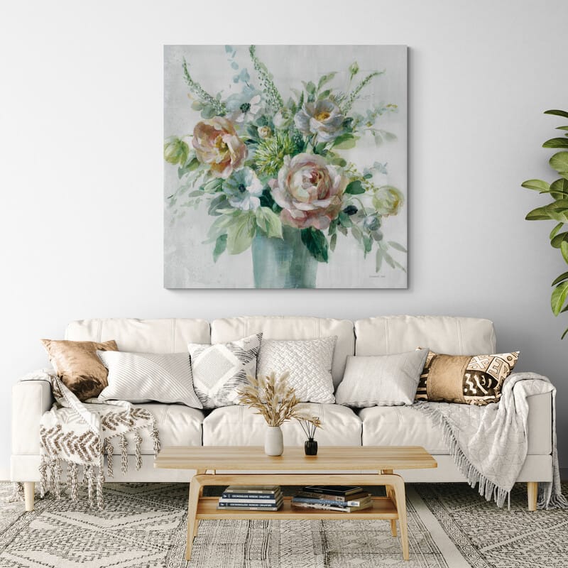 Sage And Peach Flowers I by Danhui Nai wall art in a living room