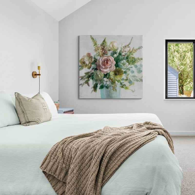 Sage And Peach Flowers II by Danhui Nai wall art in a bedroom