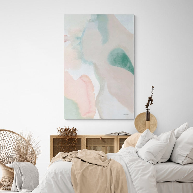Sage And Pink Abstract II by Danhui Nai wall art in a bedroom