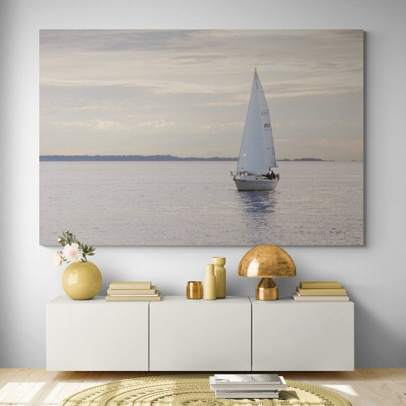 Sailboat In Semiahmoo Bay by Alan Majchrowicz wall art in a hallway
