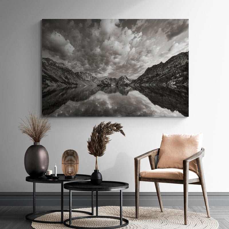 Sawtooth Lake Reflection I by Alan Majchrowicz wall art in a living room