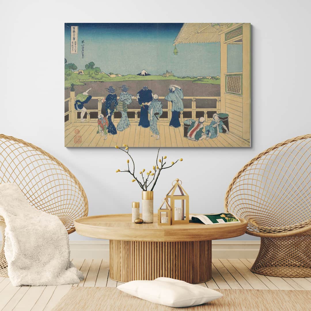 Sazai Hall Of The Five Hundred Rakan Temple by Katsushika Hokusai wall art in a living room