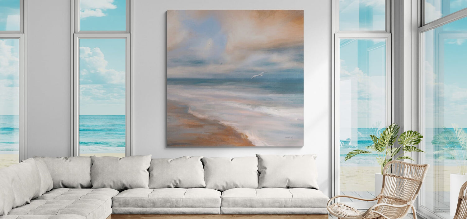 Coastal wall art in a bright modern living room