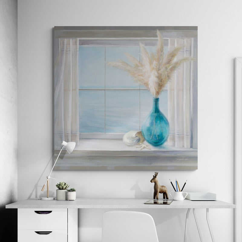 Seaside Cottage View Shell by Danhui Nai wall art in a living room
