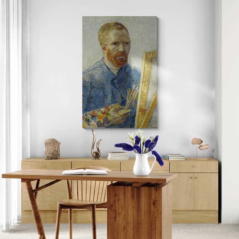 Self-Portrait in Front of the Easel by Vincent Van Gogh wall art in a dining room