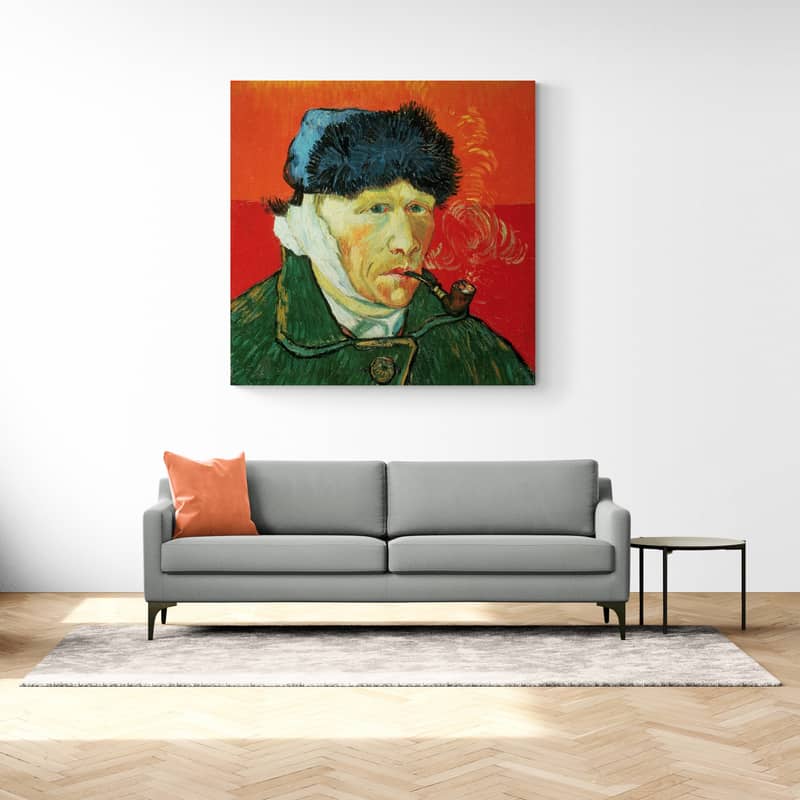 Self-Portrait with Bandaged Ear and Pipe by Vincent Van Gogh wall art in a living room
