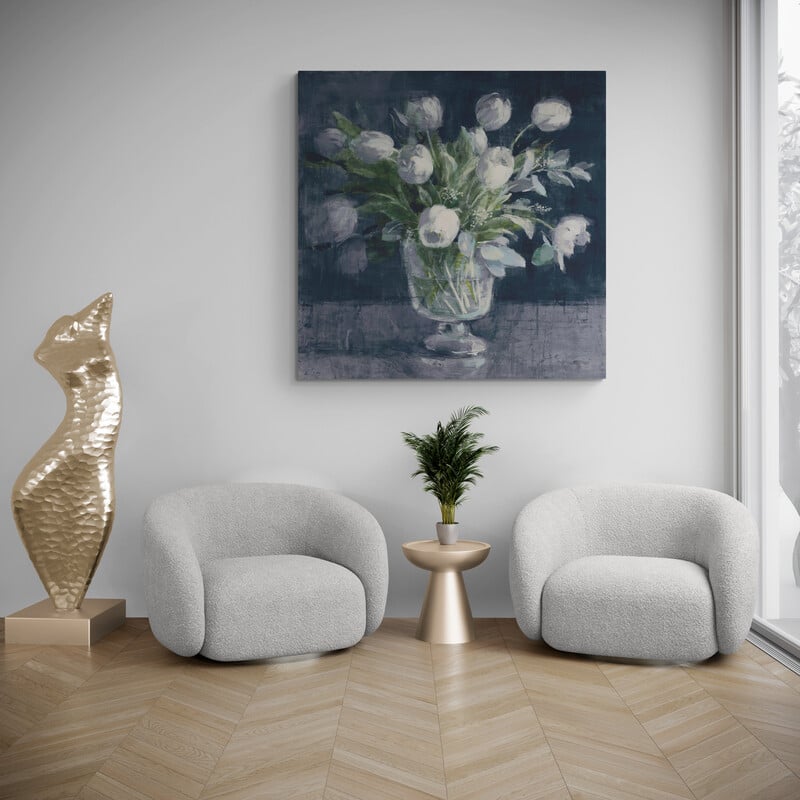 Serene Tulips Navy by Danhui Nai wall art in a living room
