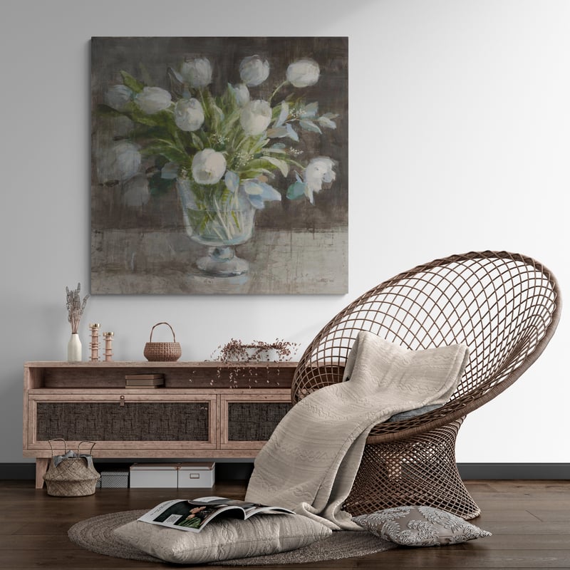 Serene Tulips by Danhui Nai wall art in a living room