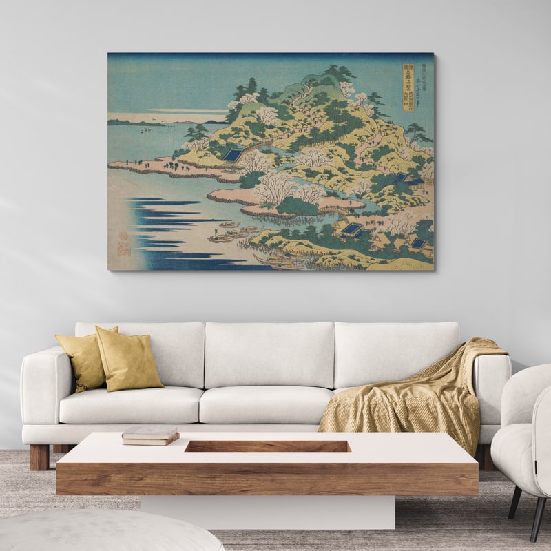 Sesshu Ajigawaguchi Tenposan by Katsushika Hokusai wall art in a living room