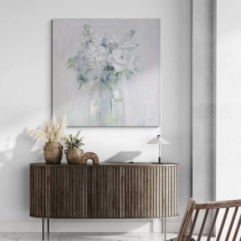 Shades Of White Bouquet by Danhui Nai wall art in a hallway