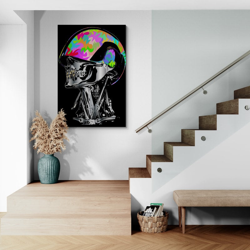 Skull Helmet by Technodrome1 wall art in a hallway