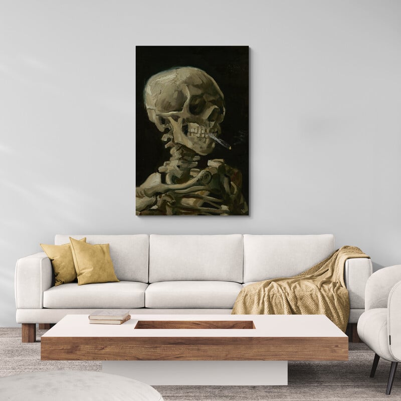 Skull of a Skeleton with a Burning Cigarette 1885-1886 by Vincent Van Gogh wall art in a living room