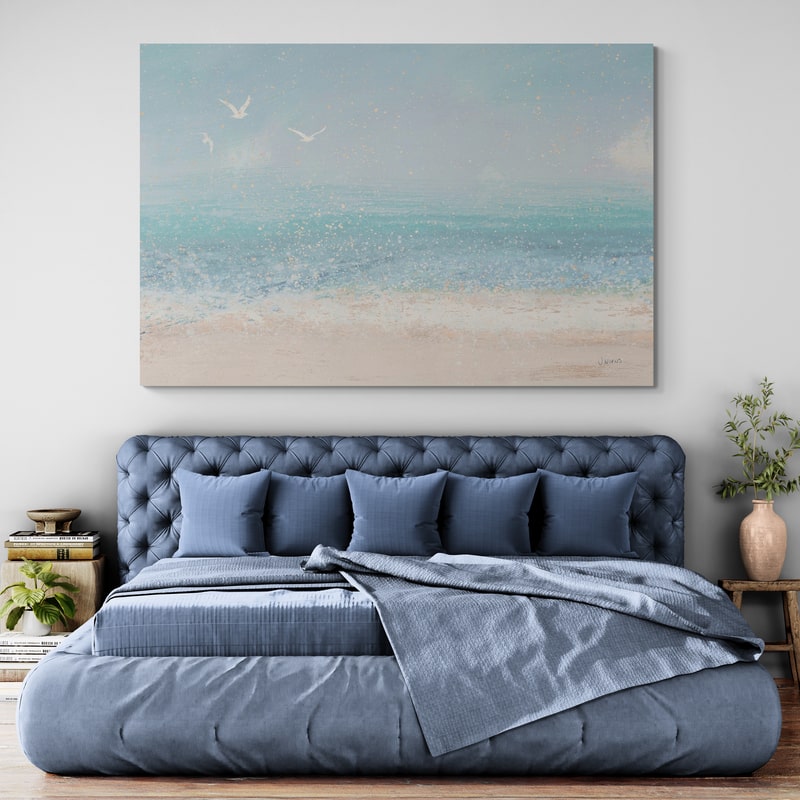 Splatter Beach I Neutral by James Wiens wall art in a bedroom