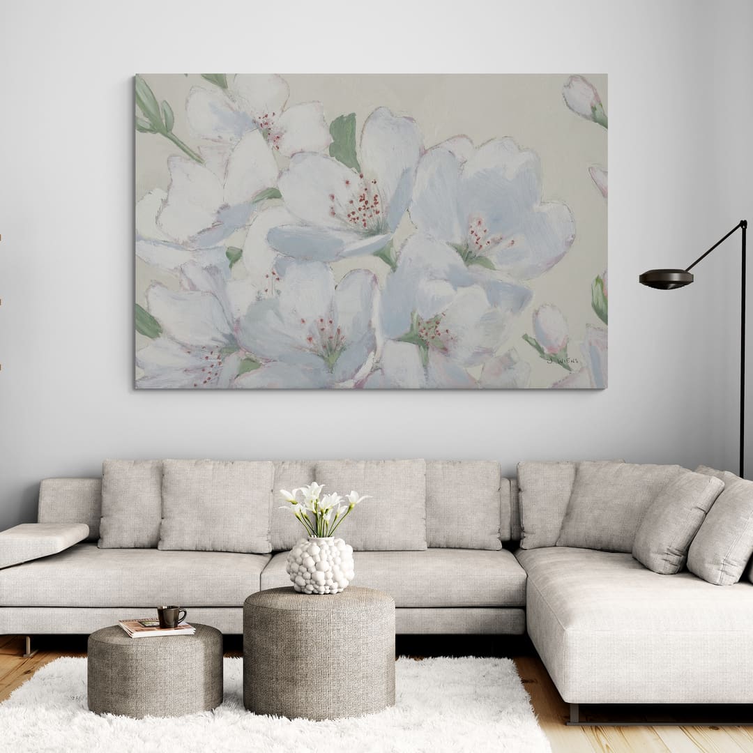 Spring Apple Blossoms Neutral by James Wiens wall art in a living room