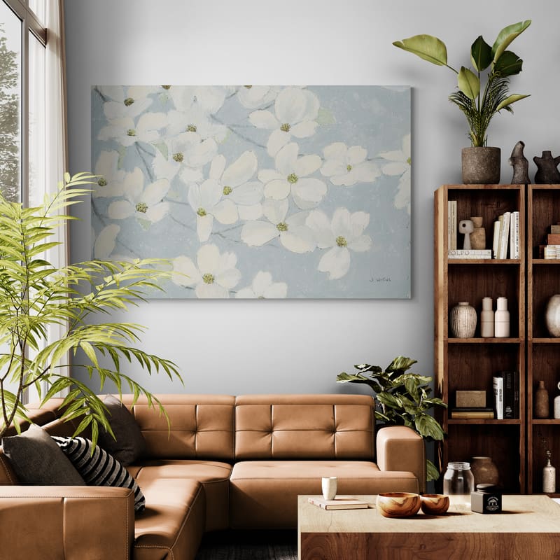 Spring Dogwoods Blue by James Wiens wall art in a living room
