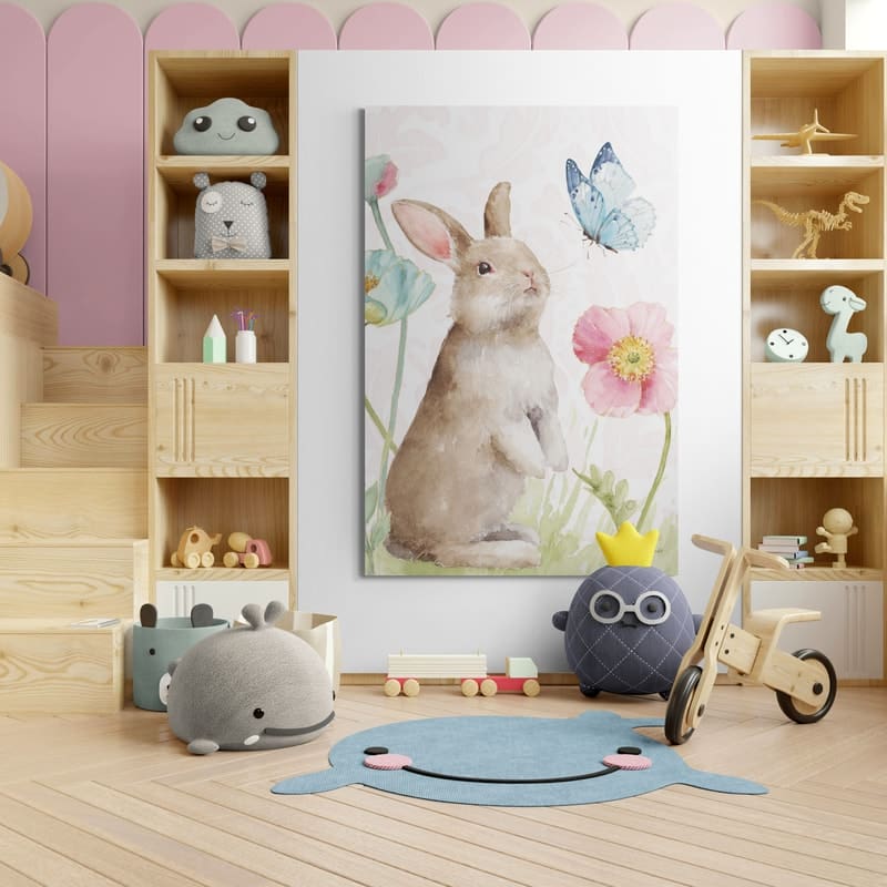 Spring Softies Bunnies II Pink by Lisa Audit wall art in a kids room