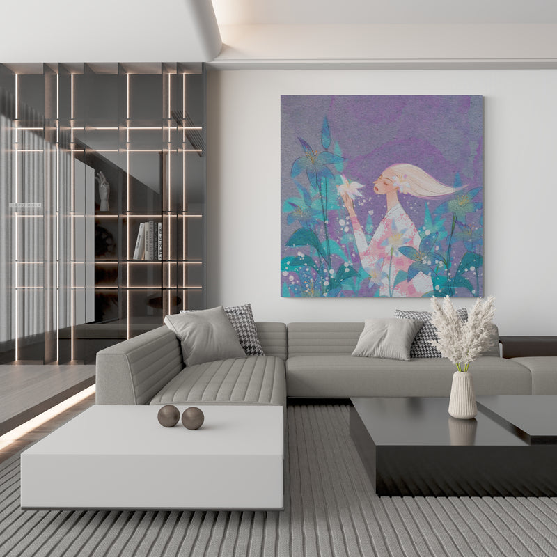 Spring Story - Blue Lily by Lisha Sun wall art in a living room