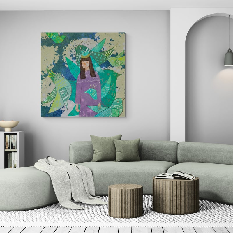 Spring Story - Bluebird by Lisha Sun wall art in a living room