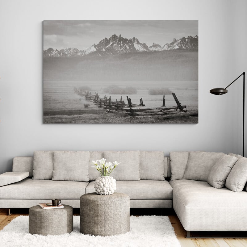 Stanley Basin Fence And Fog by Alan Majchrowicz wall art in a living room