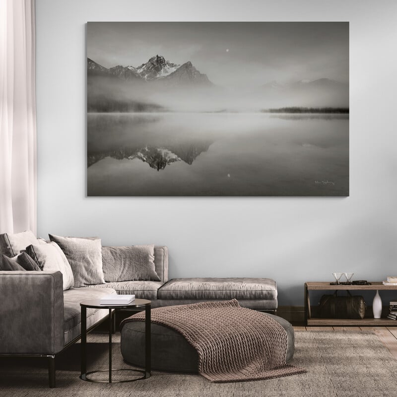 Stanley Lake Idaho Bw by Alan Majchrowicz wall art in a living room