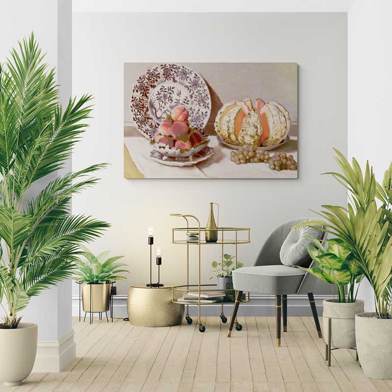 Still Life With A Melon by Claude Monet wall art in a living room