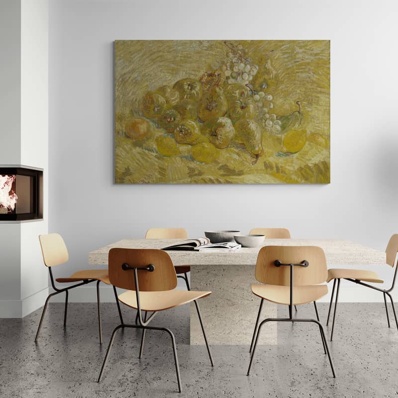 Still Life with Apples, Pears, Lemons and Grapes 1887 by Vincent Van Gogh wall art in a dining room