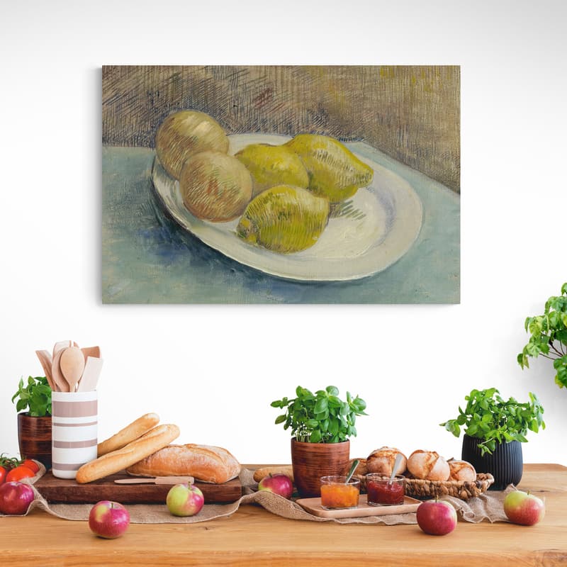 Still Life with Lemons on a Plate 1887 by Vincent Van Gogh wall art in a kitchen