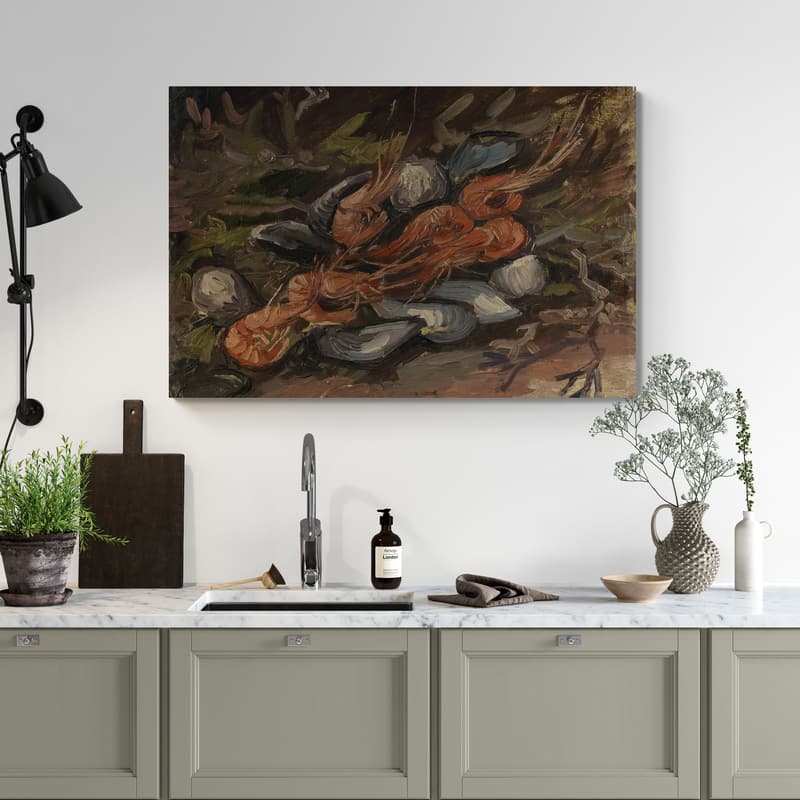 Still Life with Mussels and Shrimps 1886 by Vincent Van Gogh wall art in a kitchen